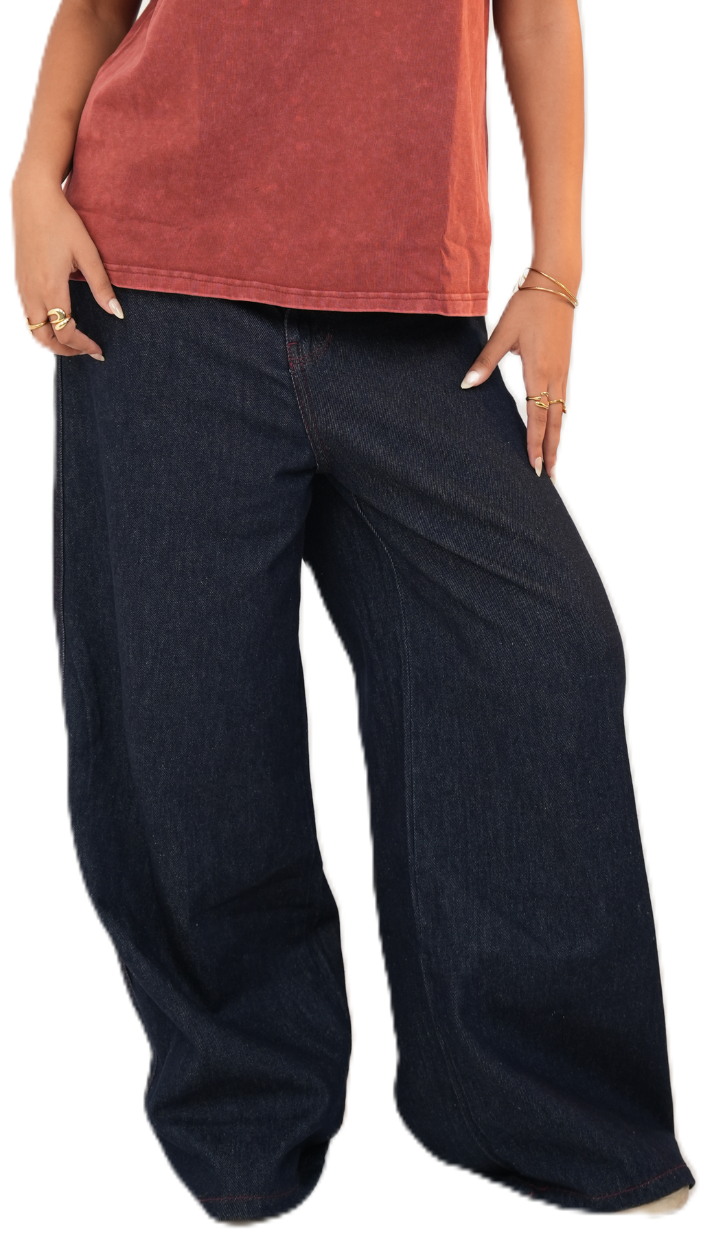 Burgundy stitched raw denim