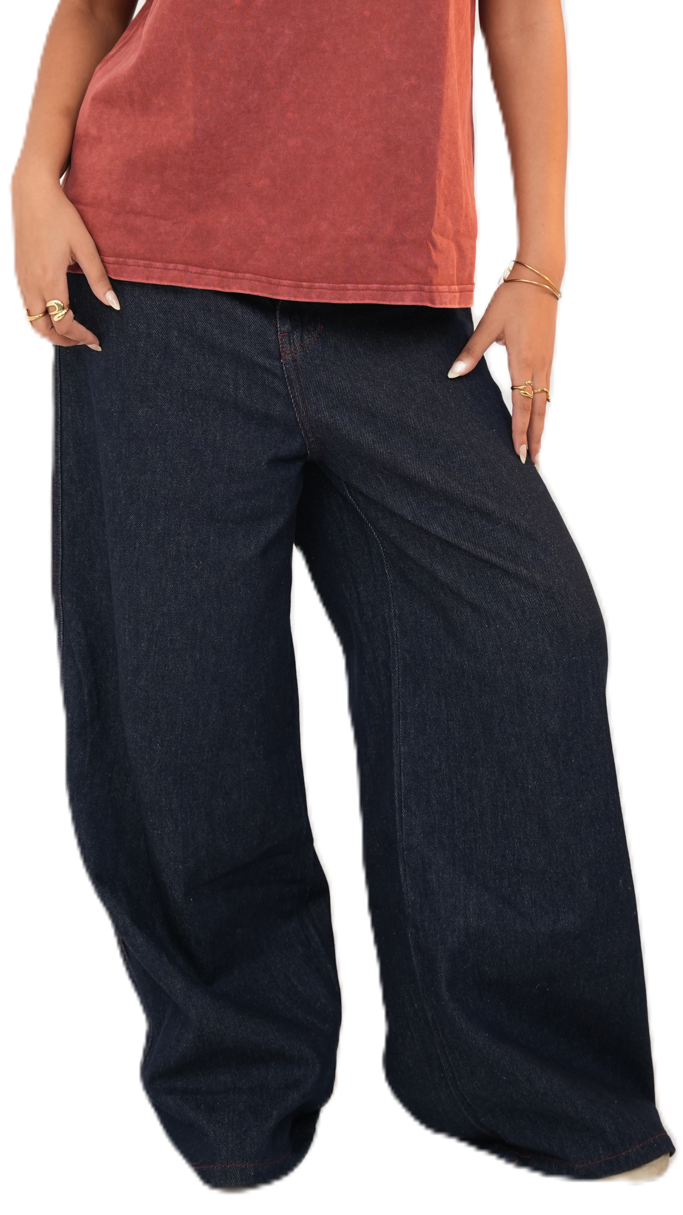 Burgundy stitched raw denim