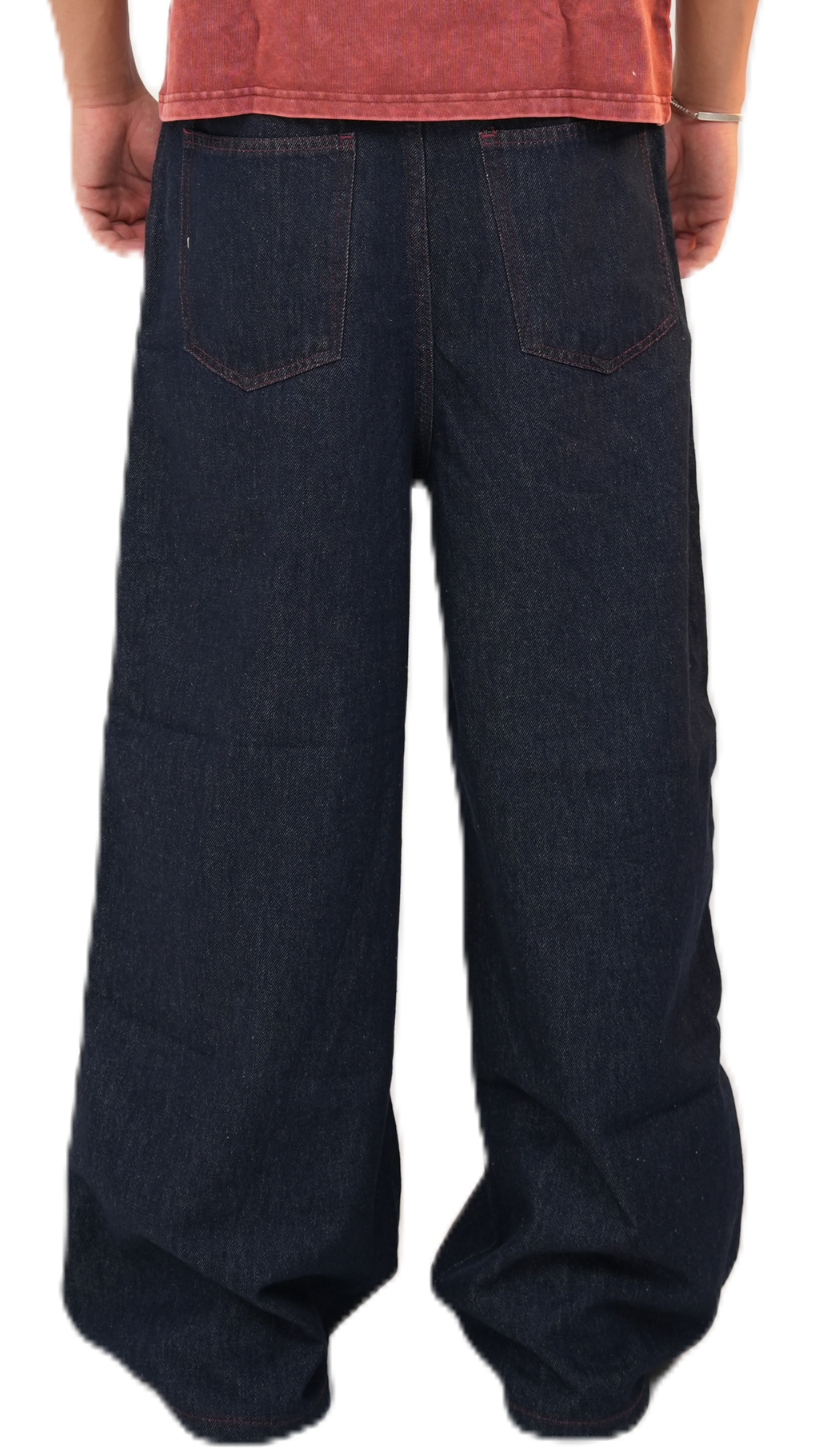 Burgundy stitched raw denim