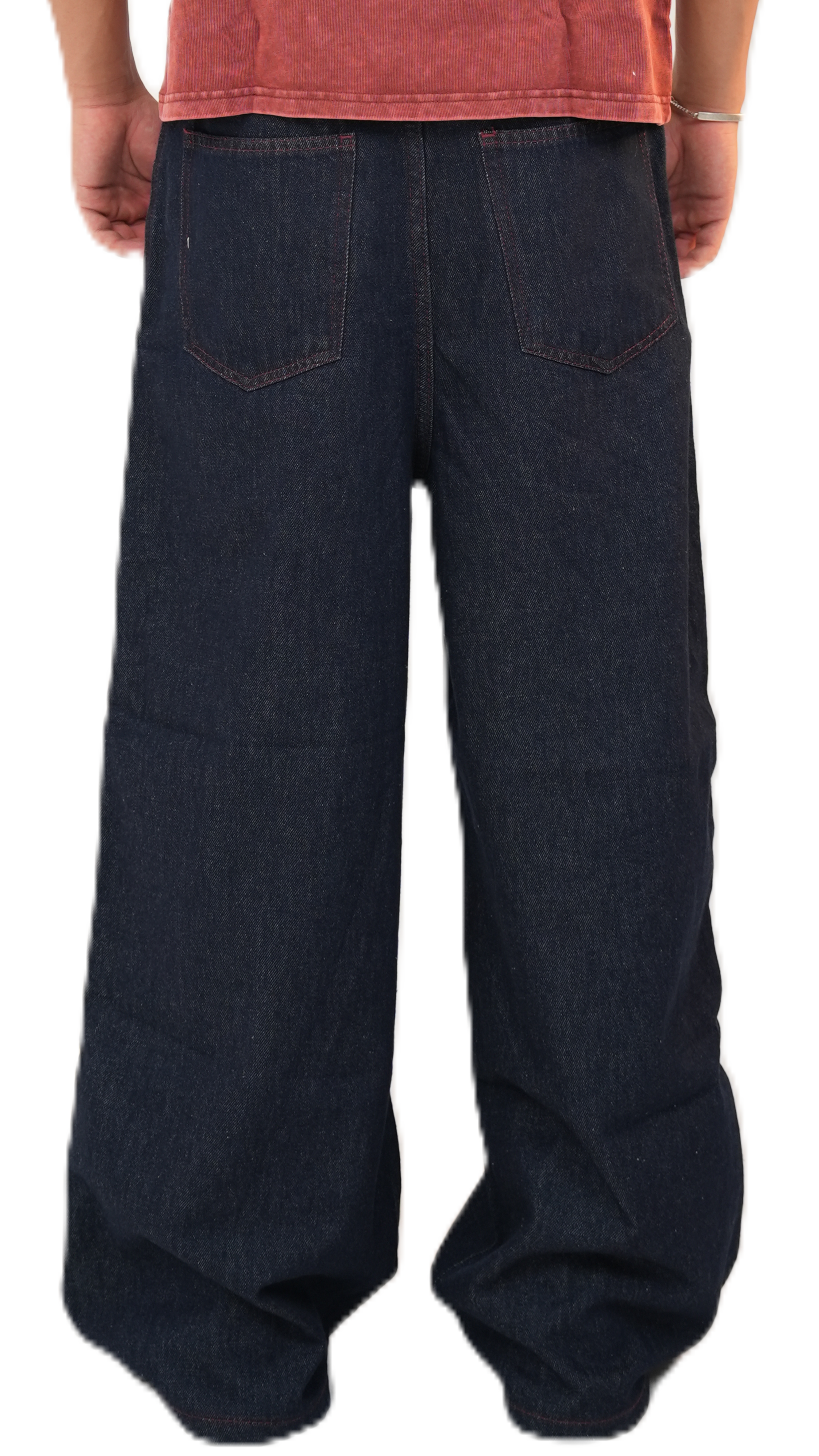 Burgundy stitched raw denim