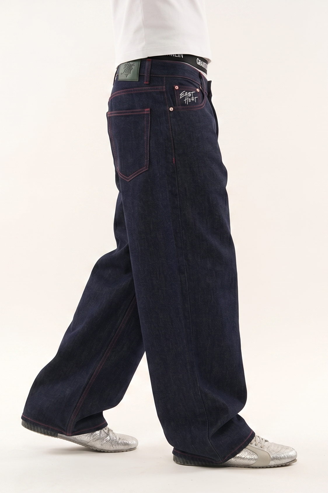 Indigo stitched raw denim for her